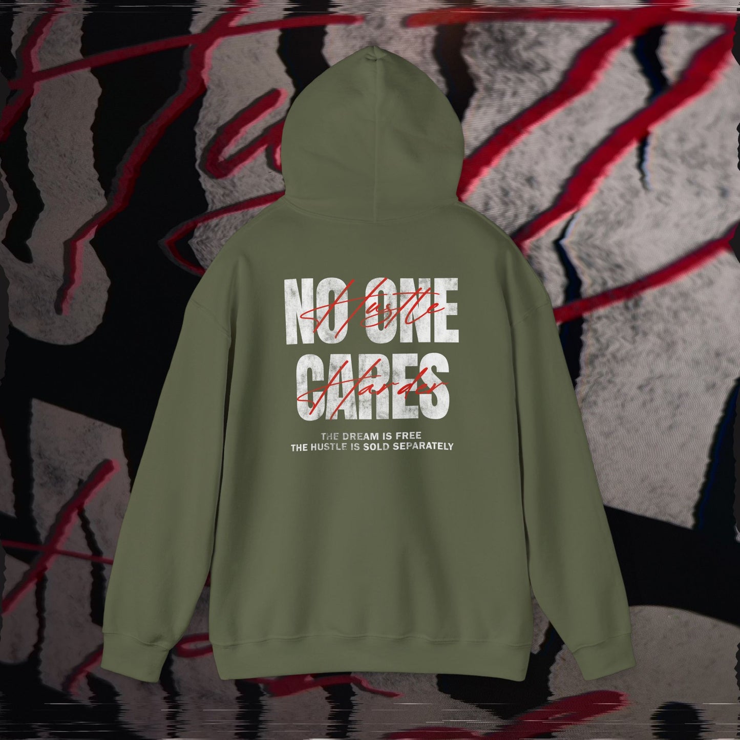 No One Cares, Hustle Harder - Military Green - Hoodie